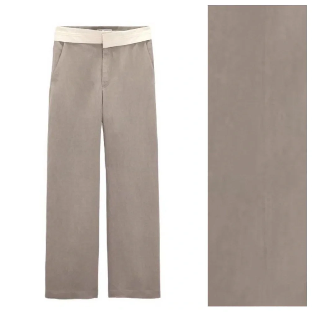 NWT. Zara Limited Edition Gray Contrast Waist Pants/Trousers. Size L.